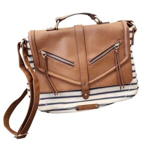 A + Ellen Striped Blue White Canvas Crossbody Bag Fold Over Messenger Purse Tote